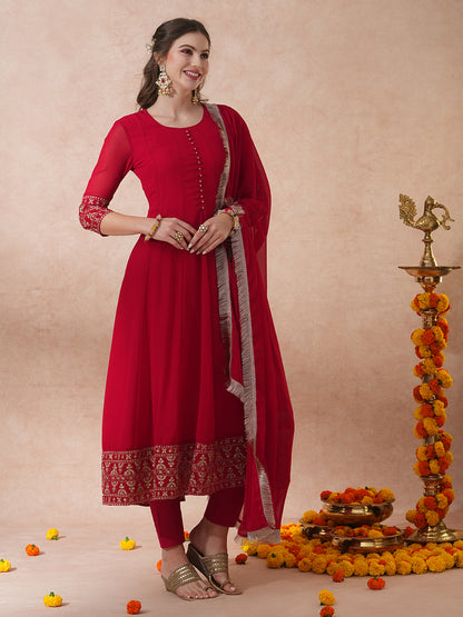 Solid Ethnic Zari Embroidered Anarkali Flared Kurta with Pant & Dupatta - Red