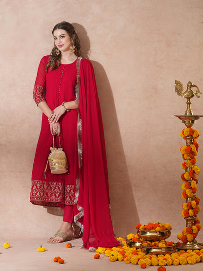 Solid Ethnic Zari Embroidered Anarkali Flared Kurta with Pant & Dupatta - Red