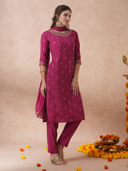 Solid Ethnic Embroidered Straight Fit Kurta with Pant & Dupatta - Mauve