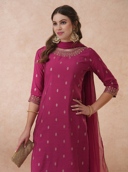 Solid Ethnic Embroidered Straight Fit Kurta with Pant & Dupatta - Mauve