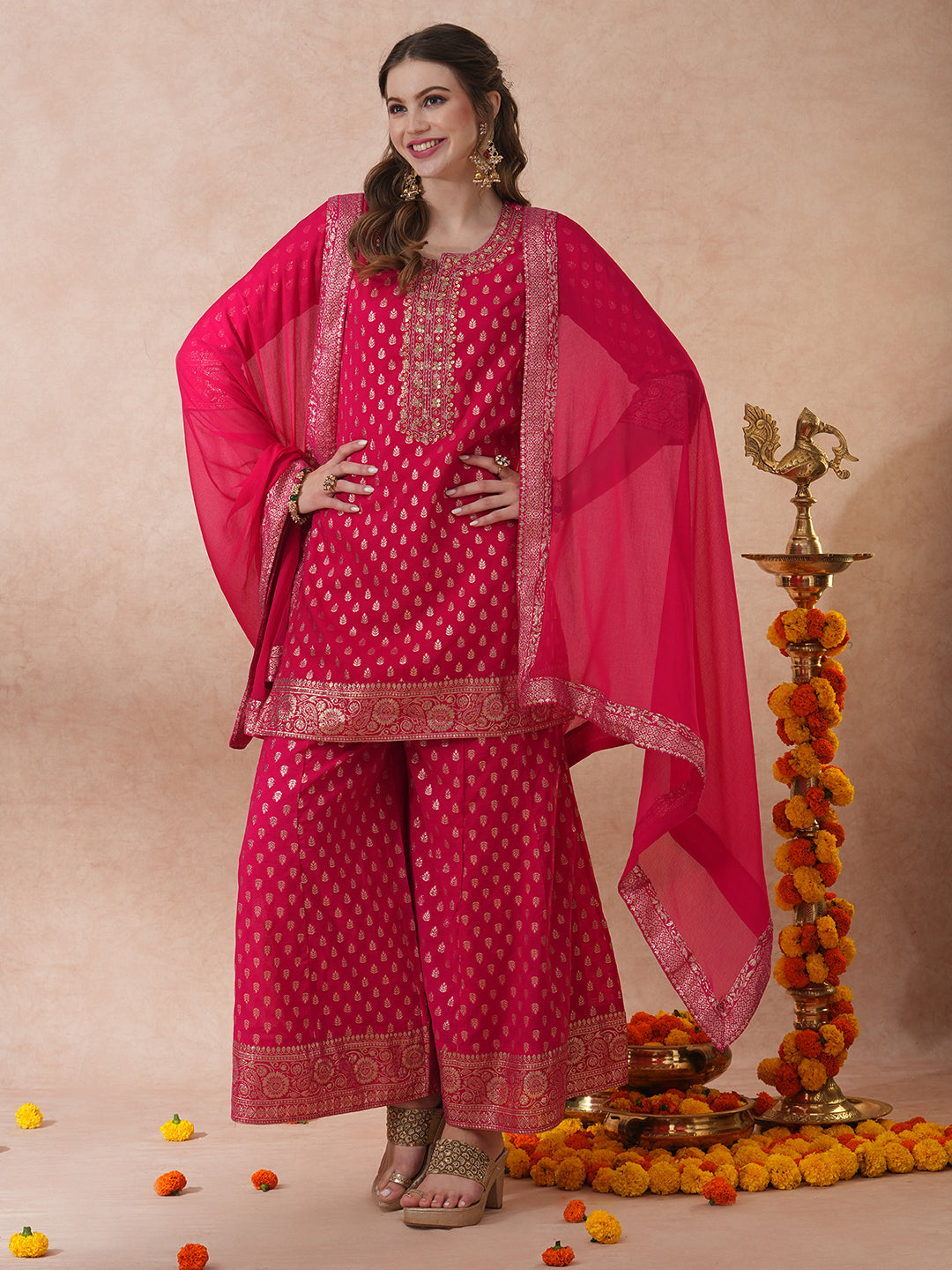 Ethnic Embroidered & Woven Straight Kurta with Palazzo & Dupatta - Pink