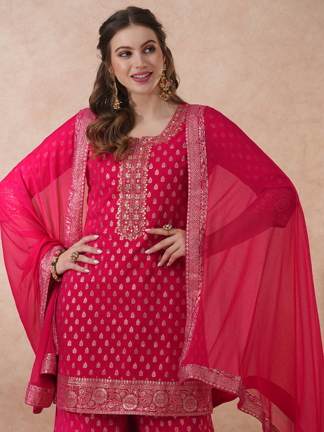 Ethnic Embroidered & Woven Straight Kurta with Palazzo & Dupatta - Pink