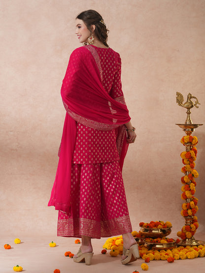 Ethnic Embroidered & Woven Straight Kurta with Palazzo & Dupatta - Pink