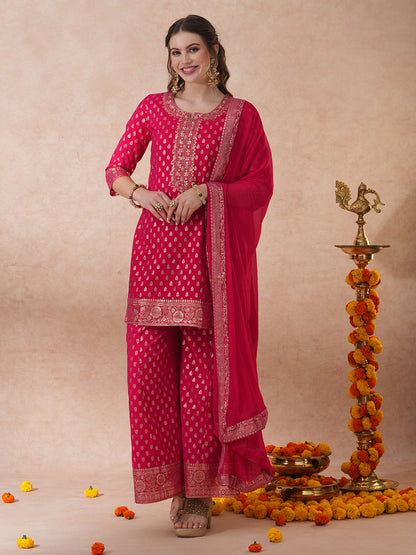 Ethnic Embroidered & Woven Straight Kurta with Palazzo & Dupatta - Pink