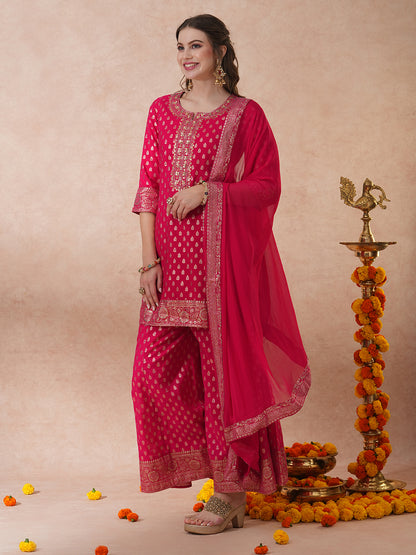 Ethnic Embroidered & Woven Straight Kurta with Palazzo & Dupatta - Pink