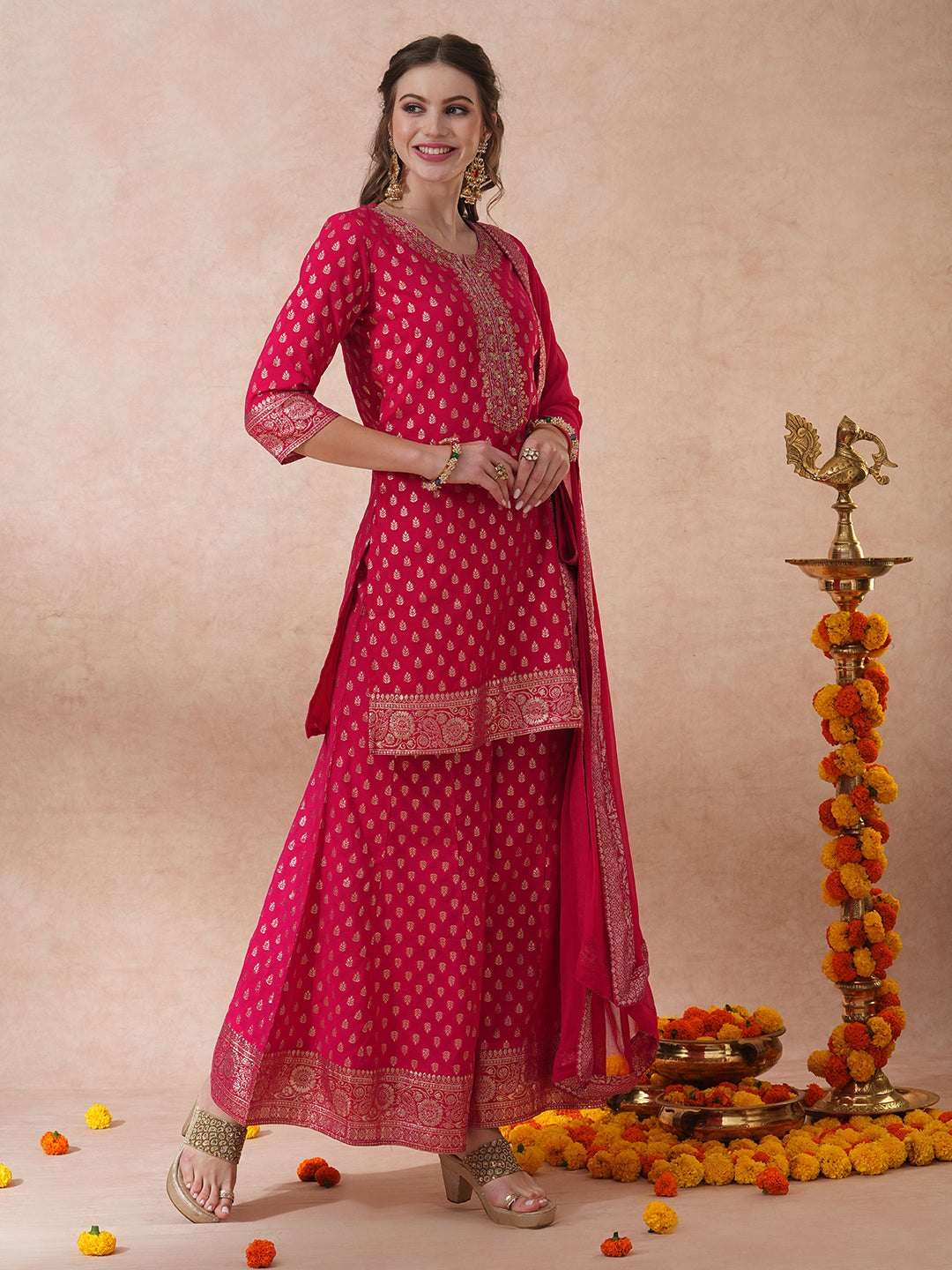 Ethnic Embroidered & Woven Straight Kurta with Palazzo & Dupatta - Pink