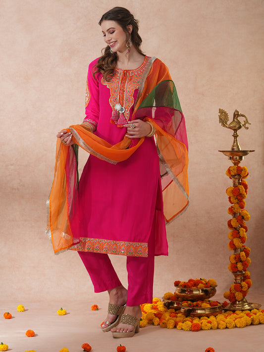 Solid Ethnic Embroidered Straight Kurta with Pant & Coloblocked Dupatta - Pink