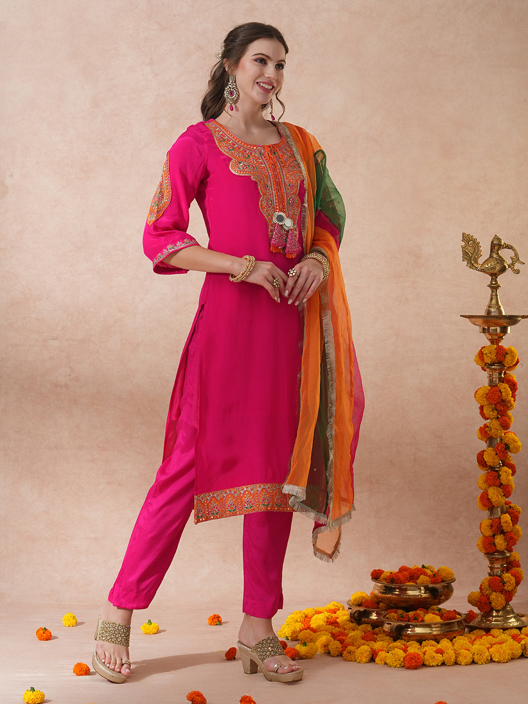 Solid Ethnic Embroidered Straight Kurta with Pant & Coloblocked Dupatta - Pink