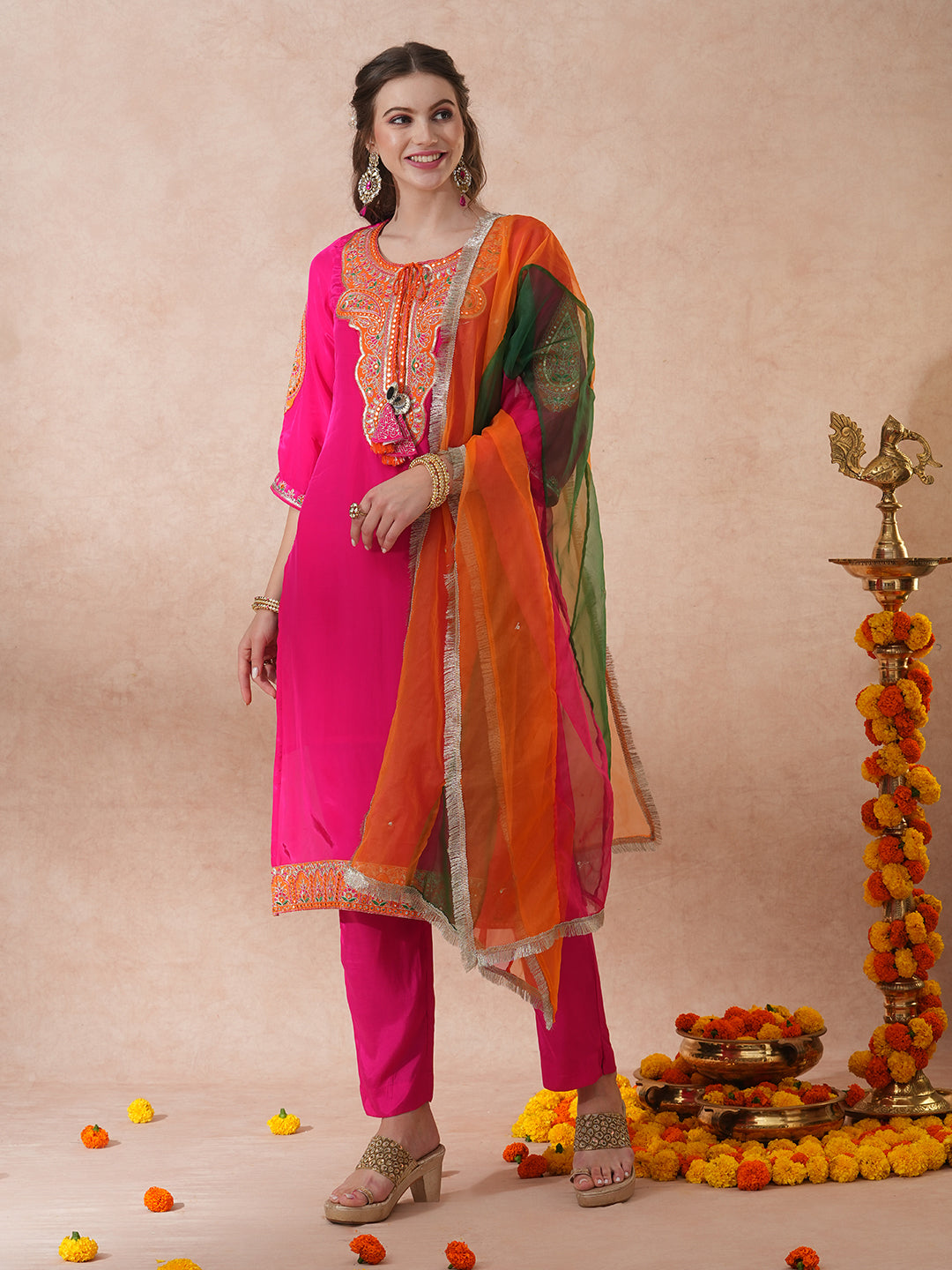 Solid Ethnic Embroidered Straight Kurta with Pant & Coloblocked Dupatta - Pink