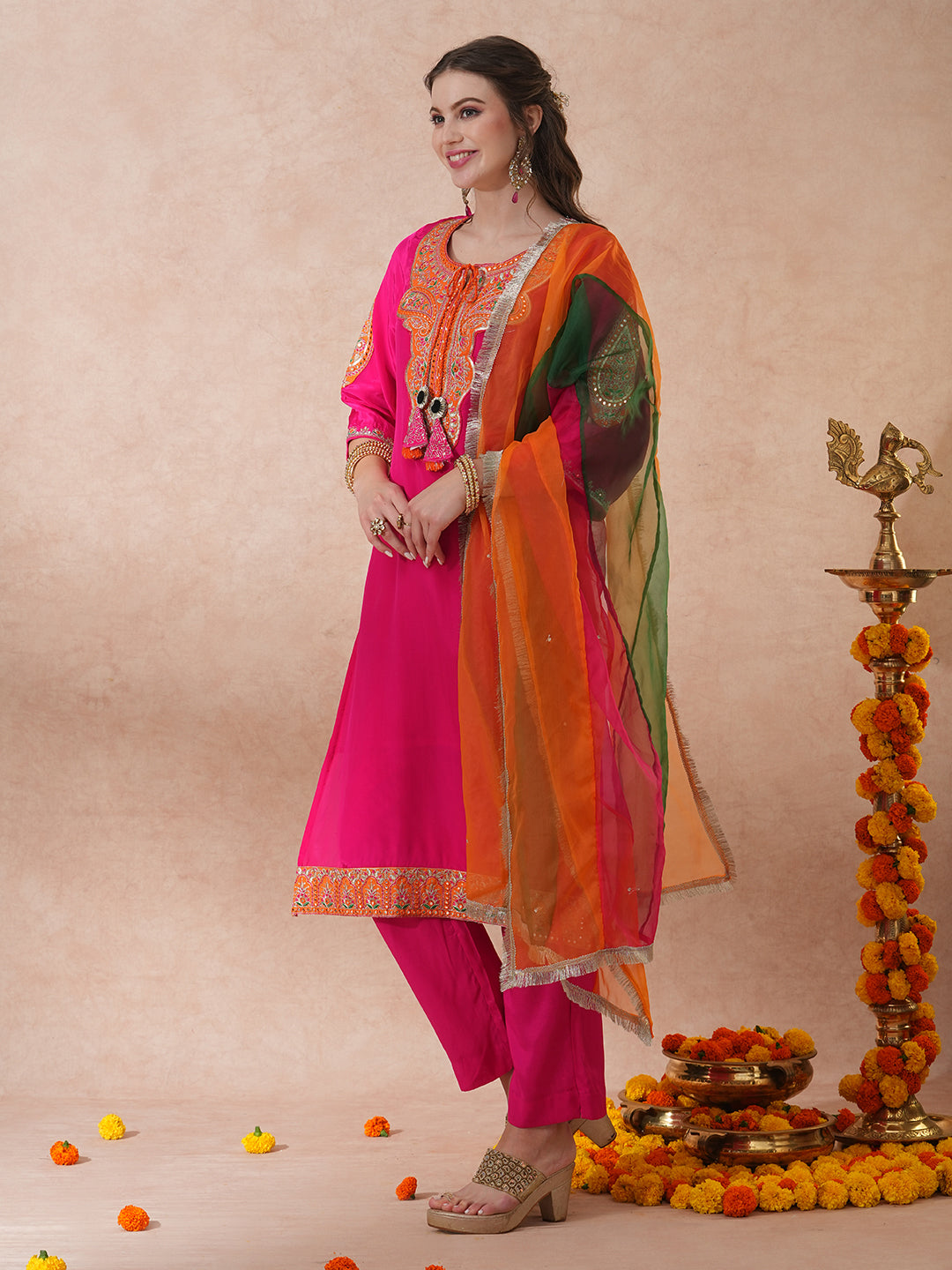 Solid Ethnic Embroidered Straight Kurta with Pant & Coloblocked Dupatta - Pink