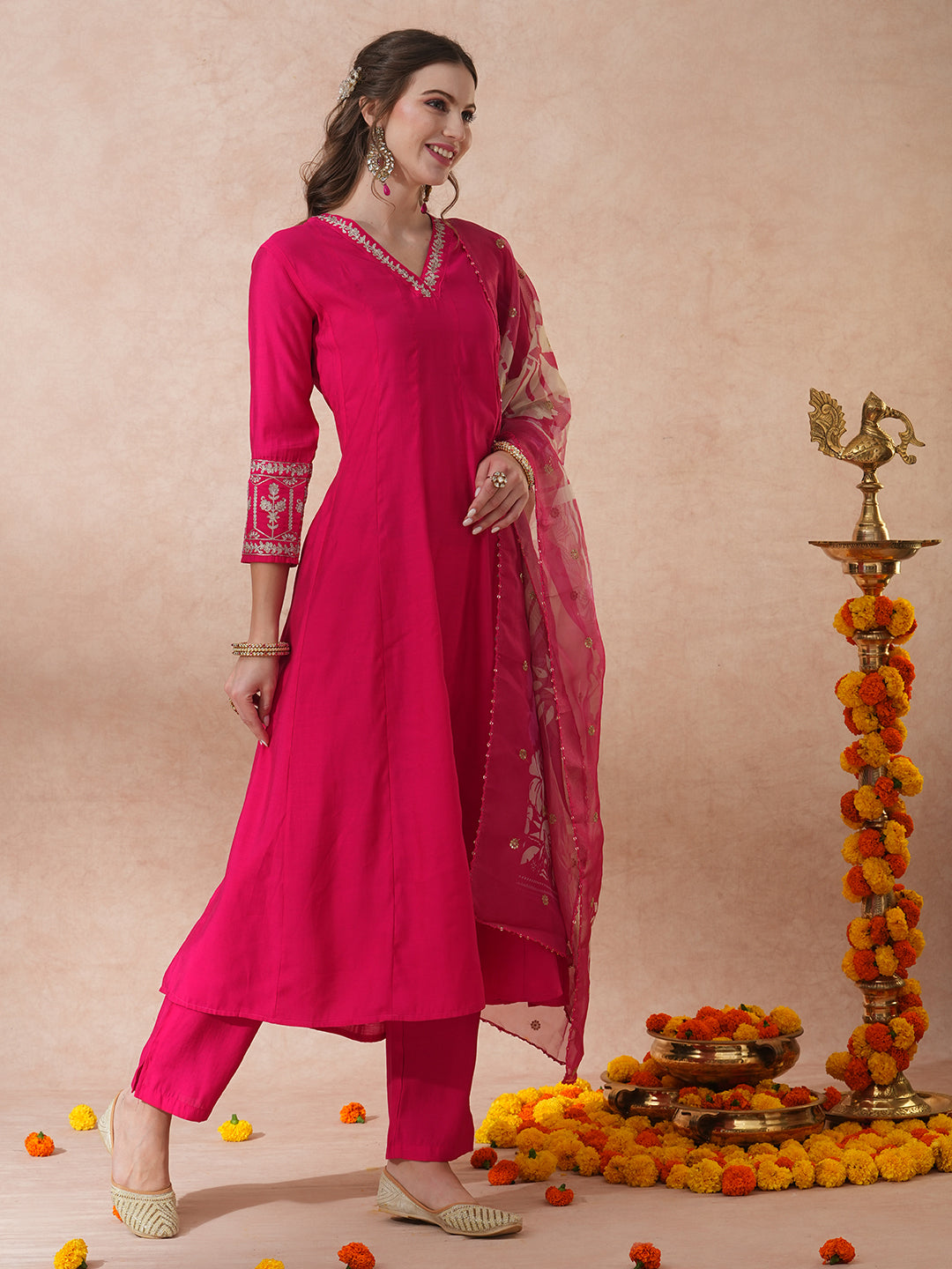 Solid Floral Zari Embroidered Anarkali Kurta with Pant & Tissue Dupatta - Pink