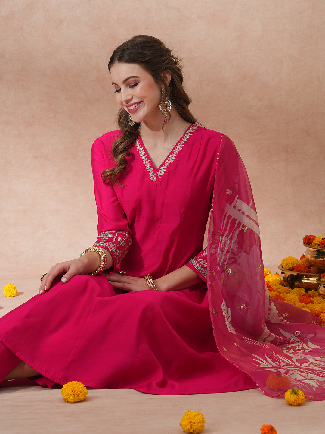 Solid Floral Zari Embroidered Anarkali Kurta with Pant & Tissue Dupatta - Pink