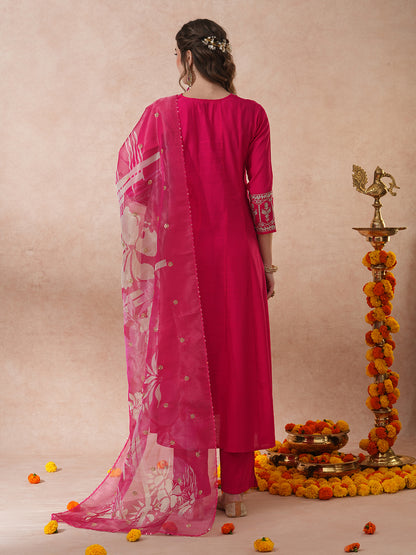 Solid Floral Zari Embroidered Anarkali Kurta with Pant & Tissue Dupatta - Pink