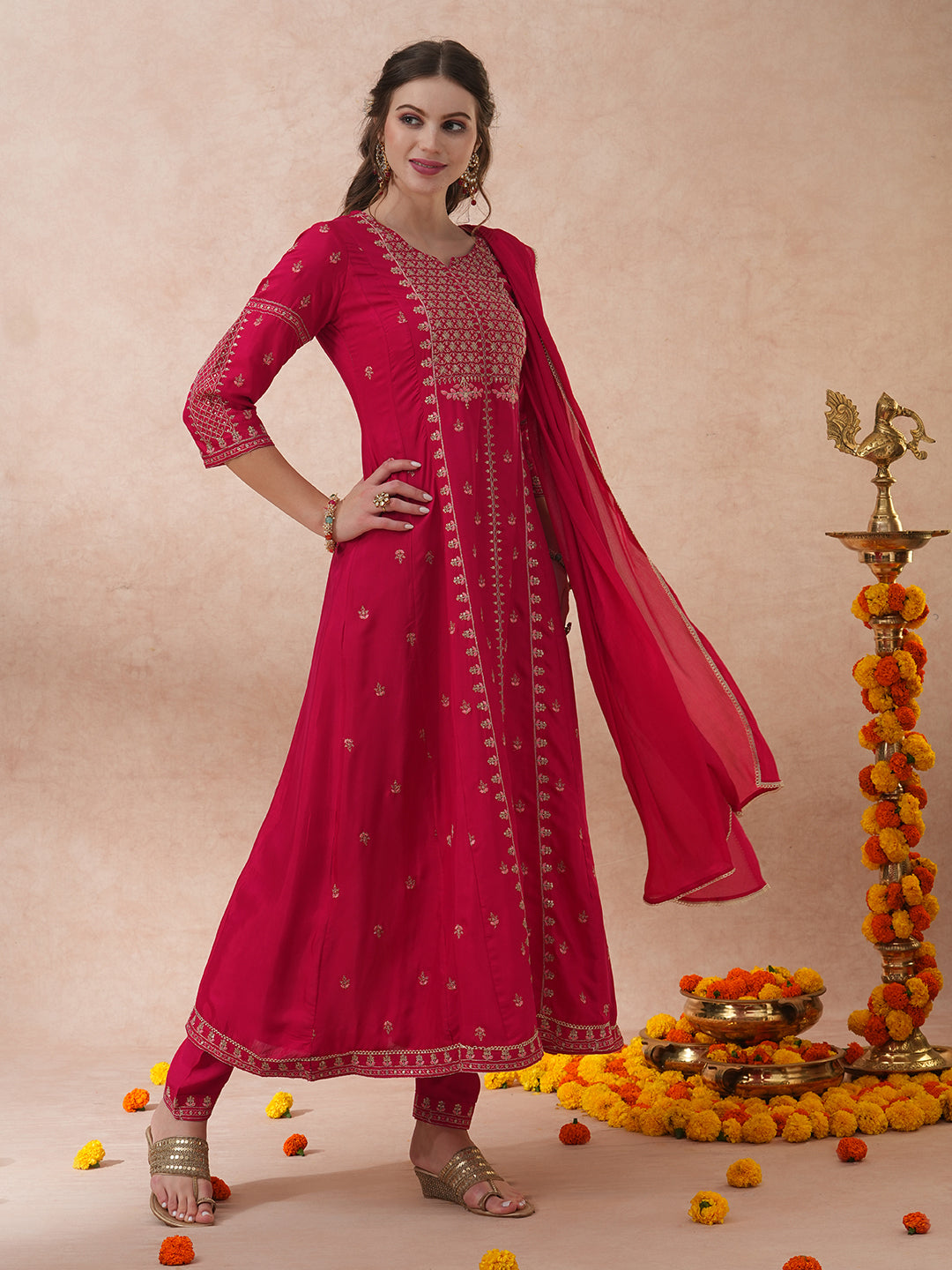 Solid Ethnic Embroidered Anarkali Flared Kurta with Pant & Dupatta - Pink