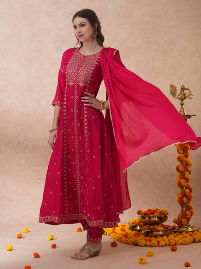 Solid Ethnic Embroidered Anarkali Flared Kurta with Pant & Dupatta - Pink