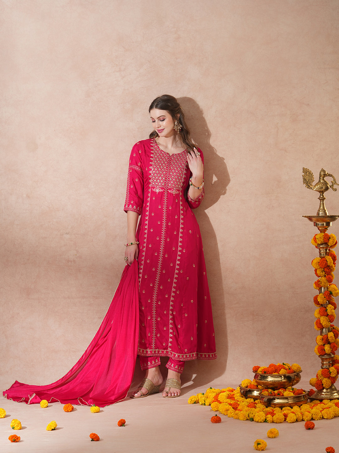 Solid Ethnic Embroidered Anarkali Flared Kurta with Pant & Dupatta - Pink