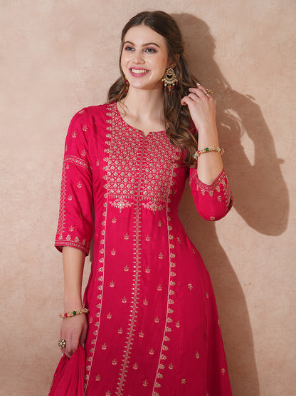 Solid Ethnic Embroidered Anarkali Flared Kurta with Pant & Dupatta - Pink