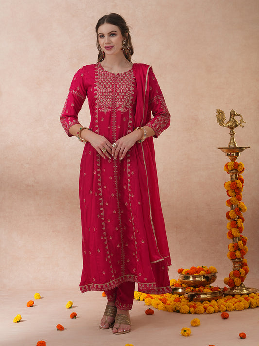 Solid Ethnic Embroidered Anarkali Flared Kurta with Pant & Dupatta - Pink