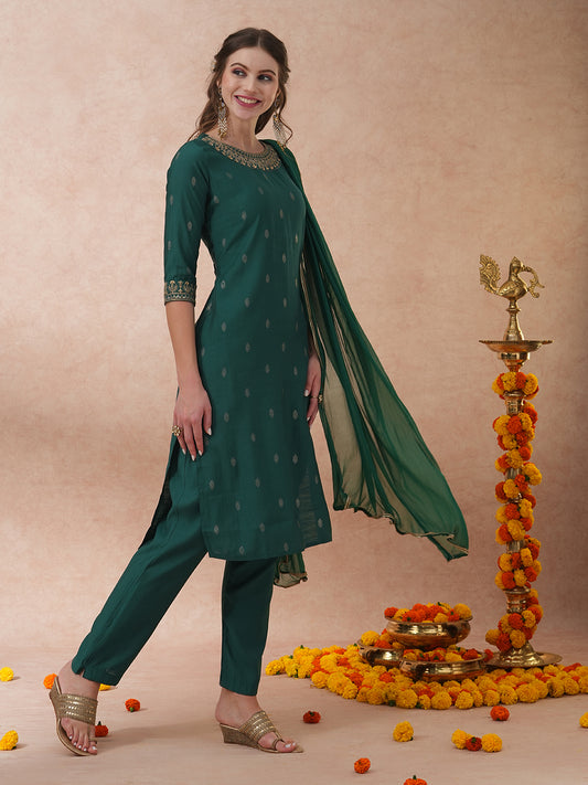 Solid Ethnic Embroidered Straight Fit Kurta with Pant & Dupatta - Green