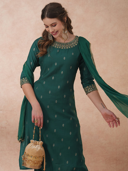 Solid Ethnic Embroidered Straight Fit Kurta with Pant & Dupatta - Green