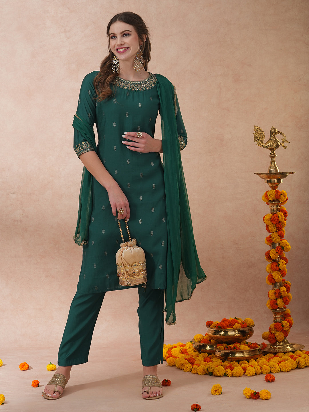 Solid Ethnic Embroidered Straight Fit Kurta with Pant & Dupatta - Green