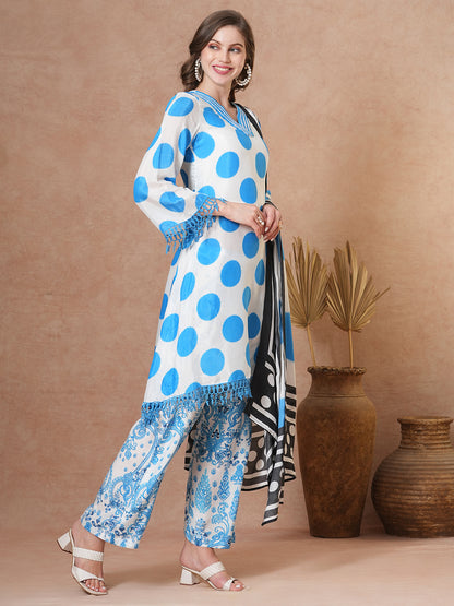 Abstract Polka Dot Printed A-Line Kurta with Pant & Dupatta - Blue