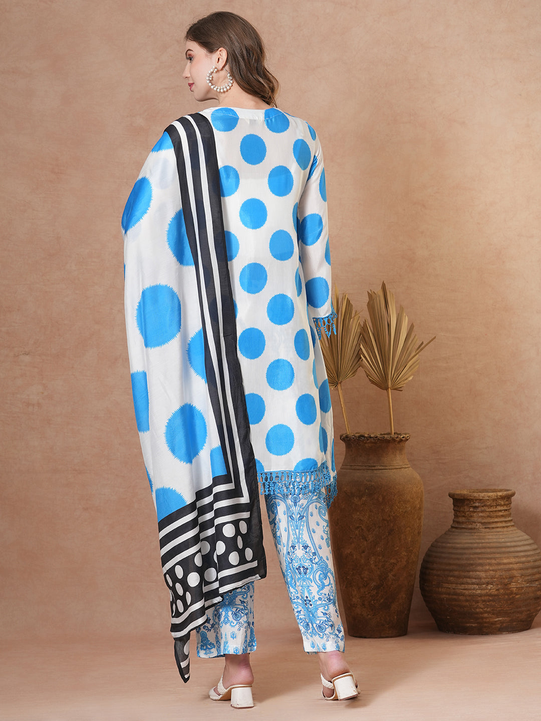 Abstract Polka Dot Printed A-Line Kurta with Pant & Dupatta - Blue