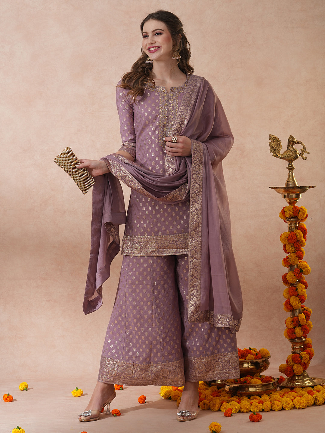 Ethnic Embroidered & Woven Straight Kurta with Palazzo & Dupatta - Mauve