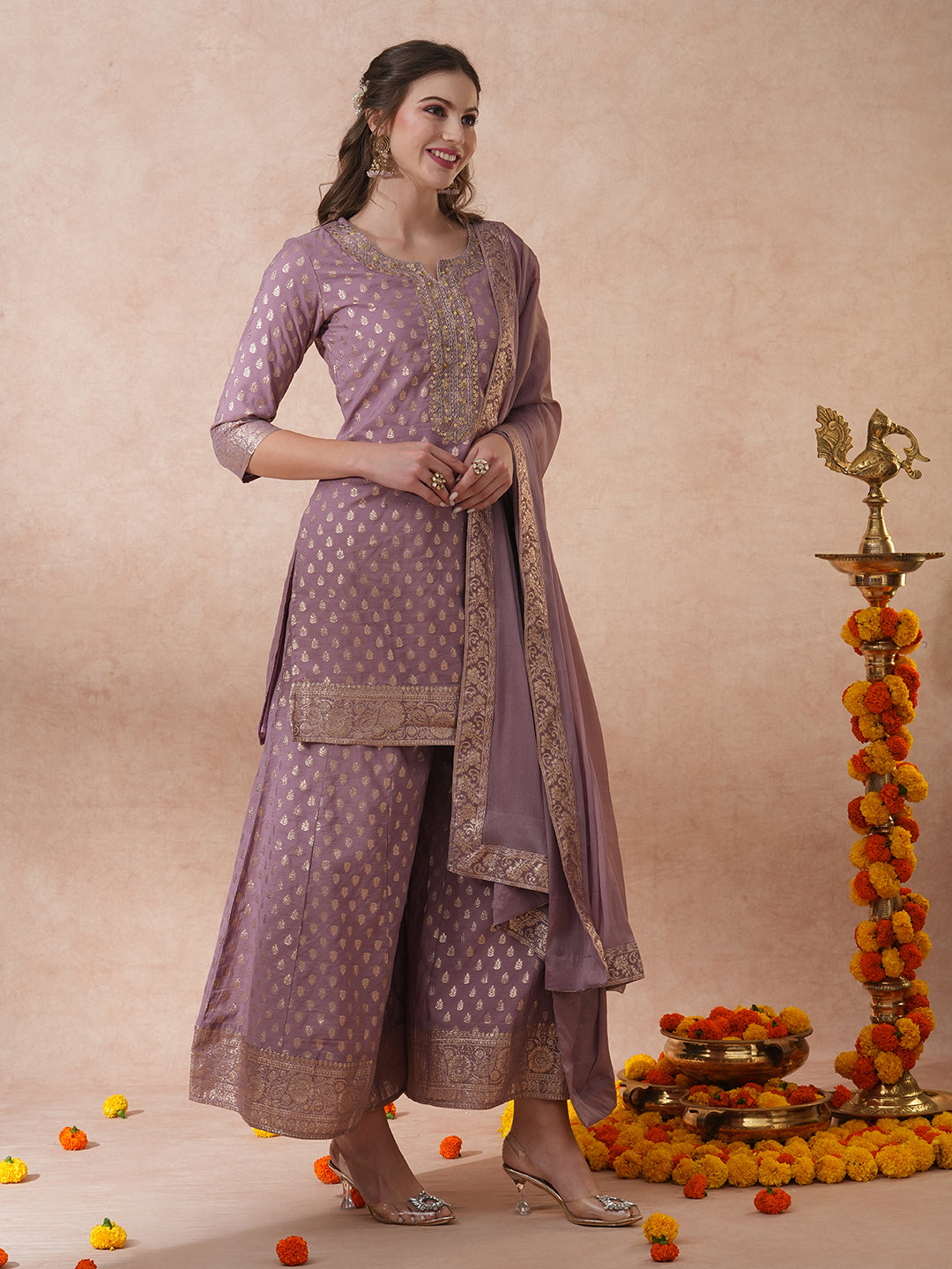 Ethnic Embroidered & Woven Straight Kurta with Palazzo & Dupatta - Mauve