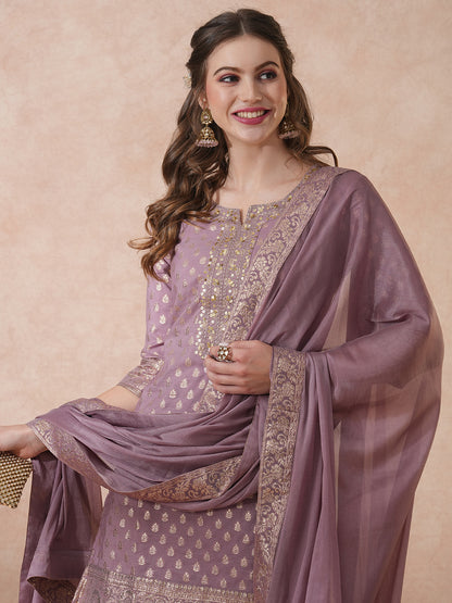 Ethnic Embroidered & Woven Straight Kurta with Palazzo & Dupatta - Mauve