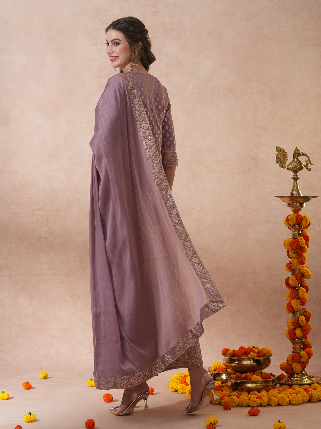 Ethnic Embroidered & Woven Straight Kurta with Palazzo & Dupatta - Mauve