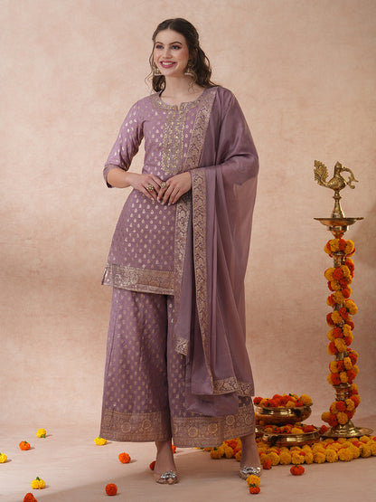 Ethnic Embroidered & Woven Straight Kurta with Palazzo & Dupatta - Mauve