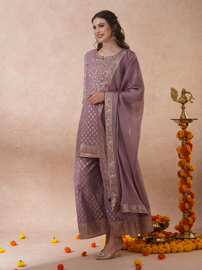 Ethnic Embroidered & Woven Straight Kurta with Palazzo & Dupatta - Mauve