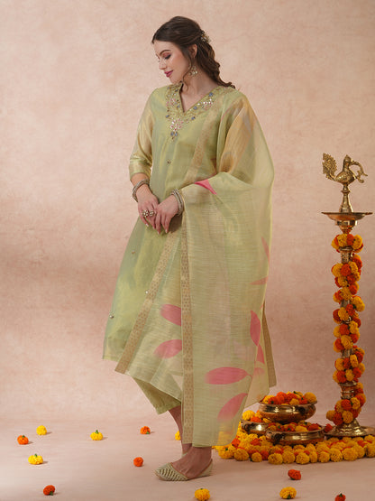 Floral Hand Embroidered Straight Tissue Kurta with Pant and Dupatta - Mint Green