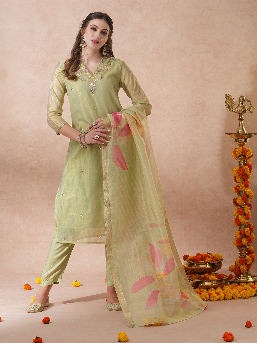 Four piece suit selling with hand embroidery kurta , pents , slip and 2.5 meter dupatta