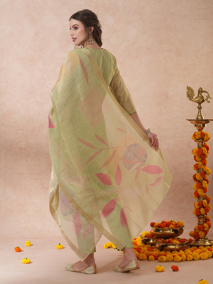 Floral Hand Embroidered Straight Tissue Kurta with Pant and Dupatta - Mint Green