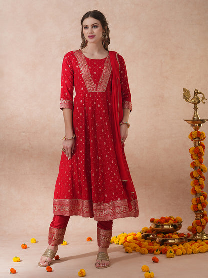 Ethnic Embroidered & Woven Anarkali Kurta with Pant & Dupatta - Red