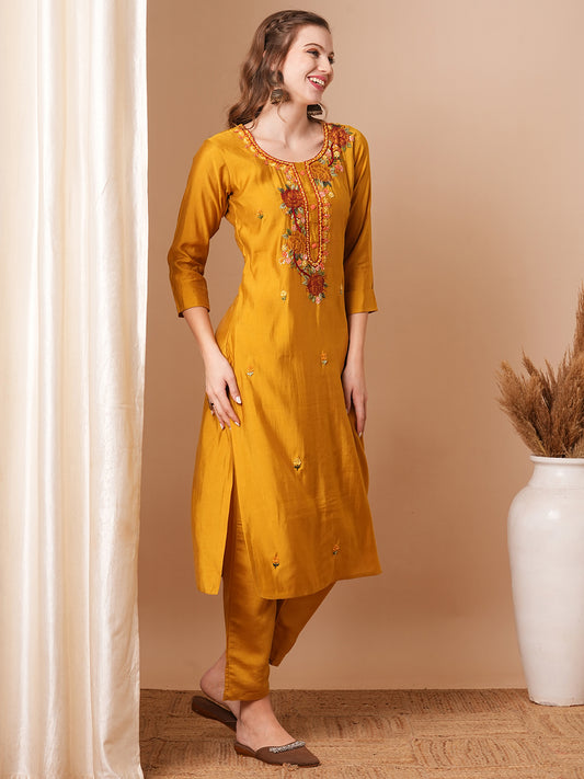 Solid Floral Hand Embroidered Straight Fit Co-ord Set - Mustard