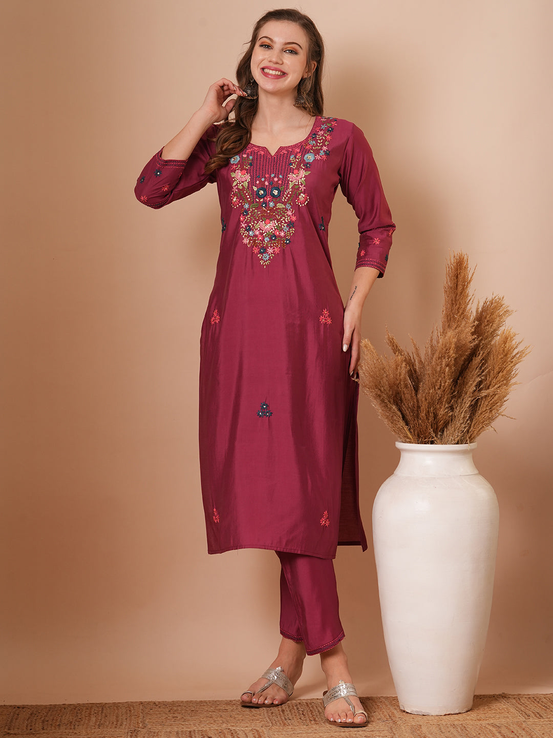 Floral Hand & Embroidered Straight Fit Kurta with Pant - Dark Mauve