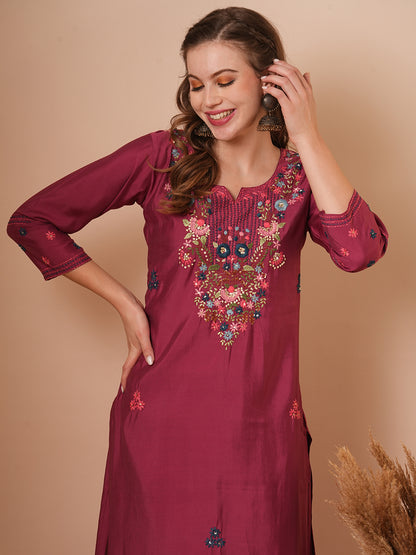 Floral Hand & Embroidered Straight Fit Kurta with Pant - Dark Mauve