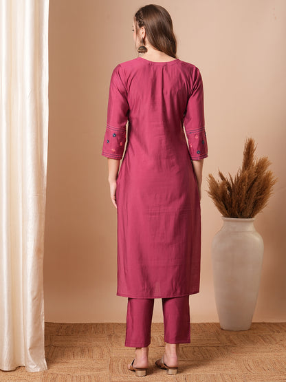 Floral Hand & Embroidered Straight Fit Kurta with Pant - Dark Mauve