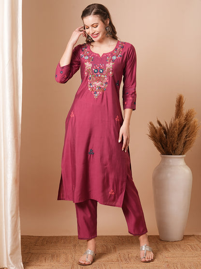 Floral Hand & Embroidered Straight Fit Kurta with Pant - Dark Mauve