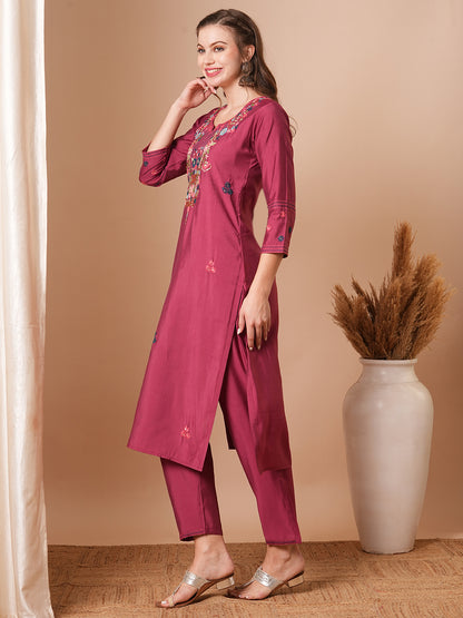 Floral Hand & Embroidered Straight Fit Kurta with Pant - Dark Mauve