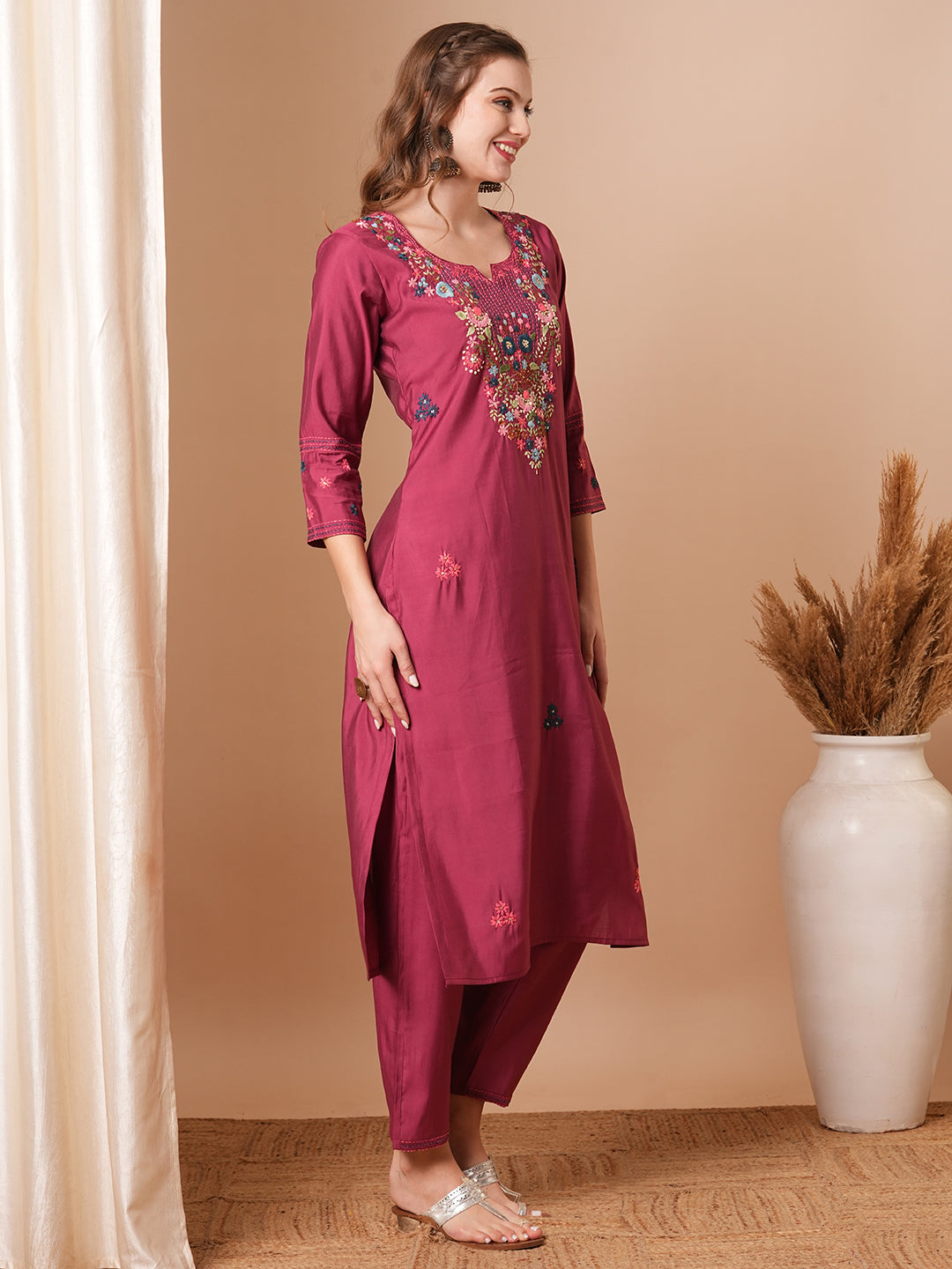 Floral Hand & Embroidered Straight Fit Kurta with Pant - Dark Mauve