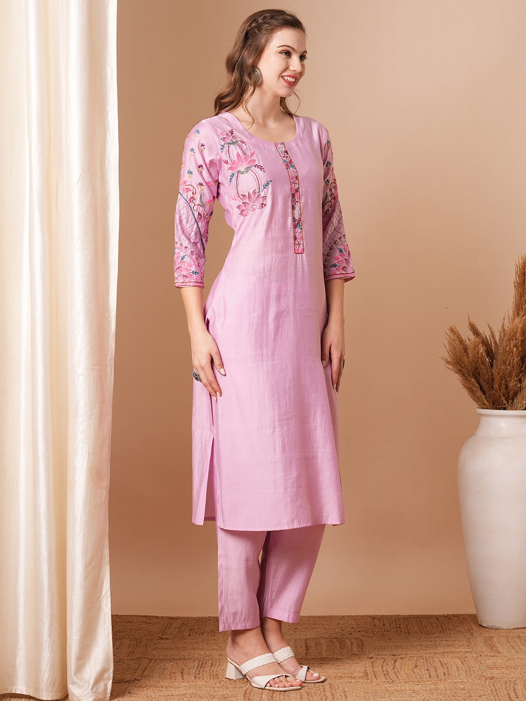 Solid Floral Hand Painted & Embroidered Straight Fit Co-ord Set - Pink