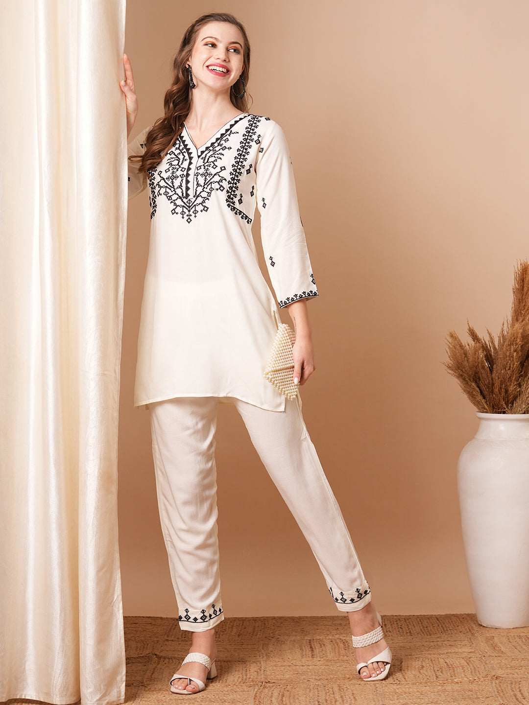 Solid Ethnic Floral Cross Stitch Embroidered Straight Fit Co-ord Set - White