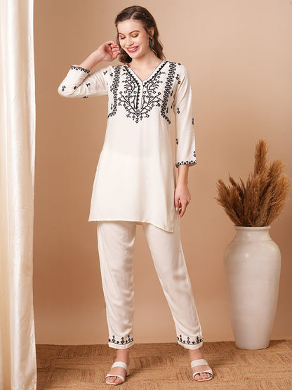 Solid Ethnic Floral Cross Stitch Embroidered Straight Fit Co-ord Set - White