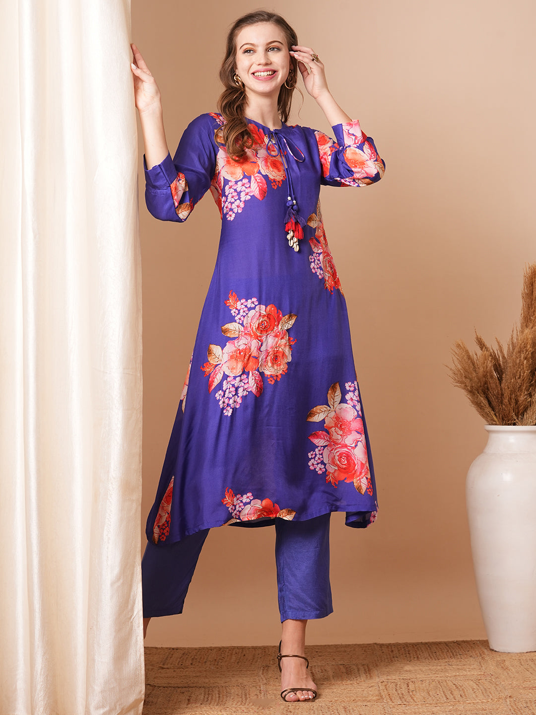 Abstract Floral Printed & Hand Embroidered A-Line Kurta with Pant - Blue