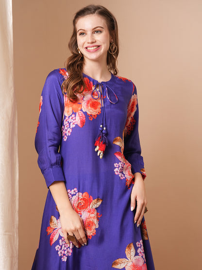 Abstract Floral Printed & Hand Embroidered A-Line Kurta with Pant - Blue