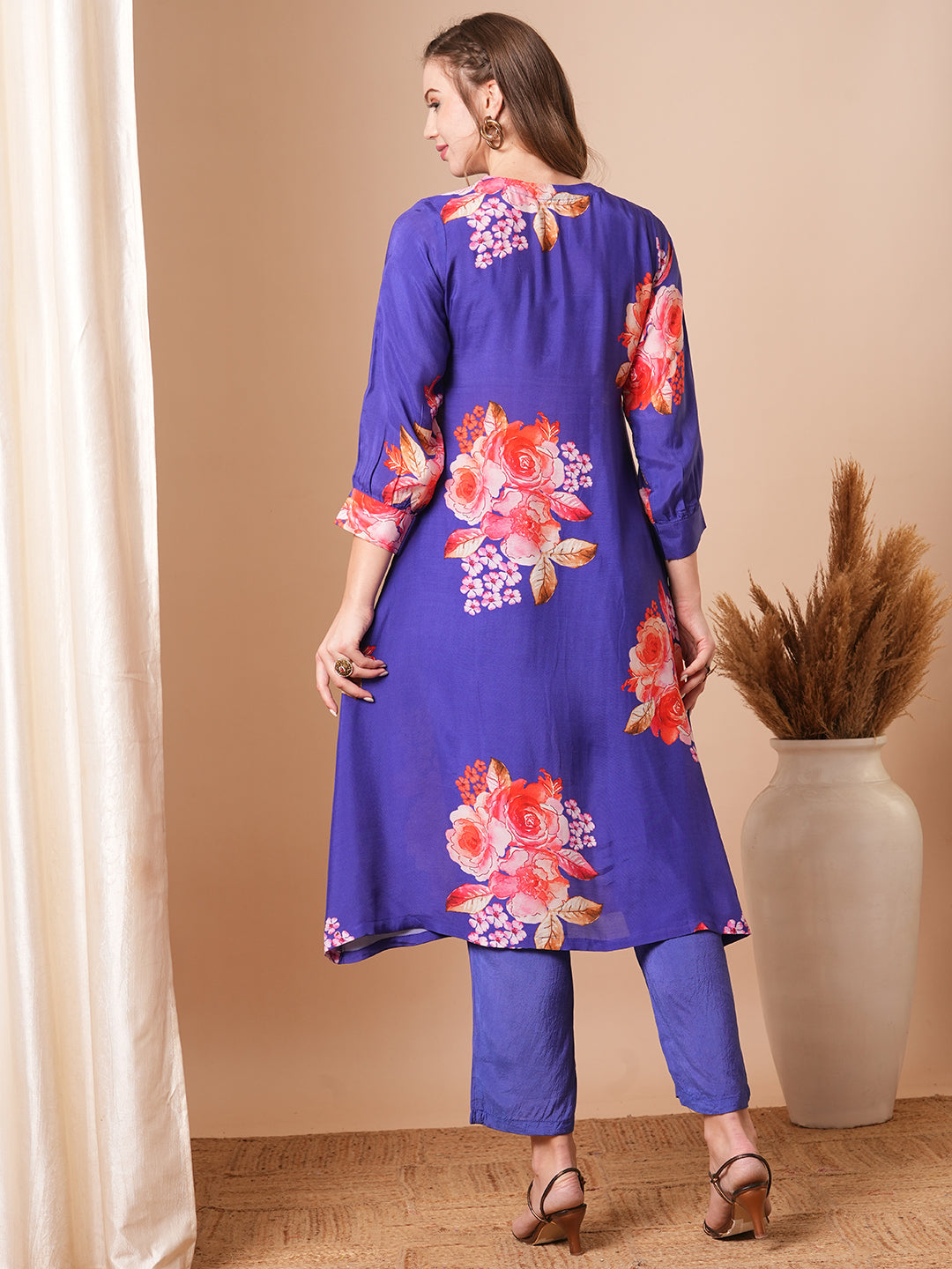 Abstract Floral Printed & Hand Embroidered A-Line Kurta with Pant - Blue